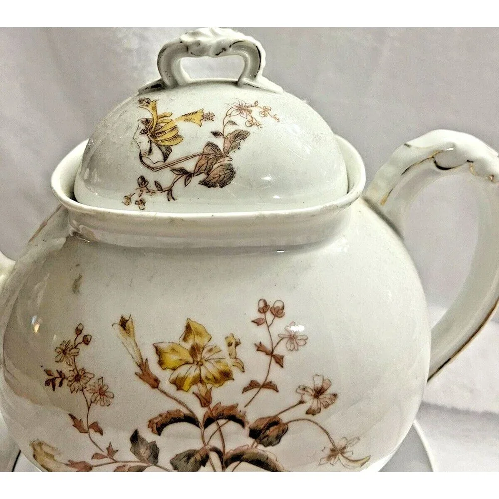 Limoge Teapot White with Gold Flowers Stamped Limoges France 9 Inches